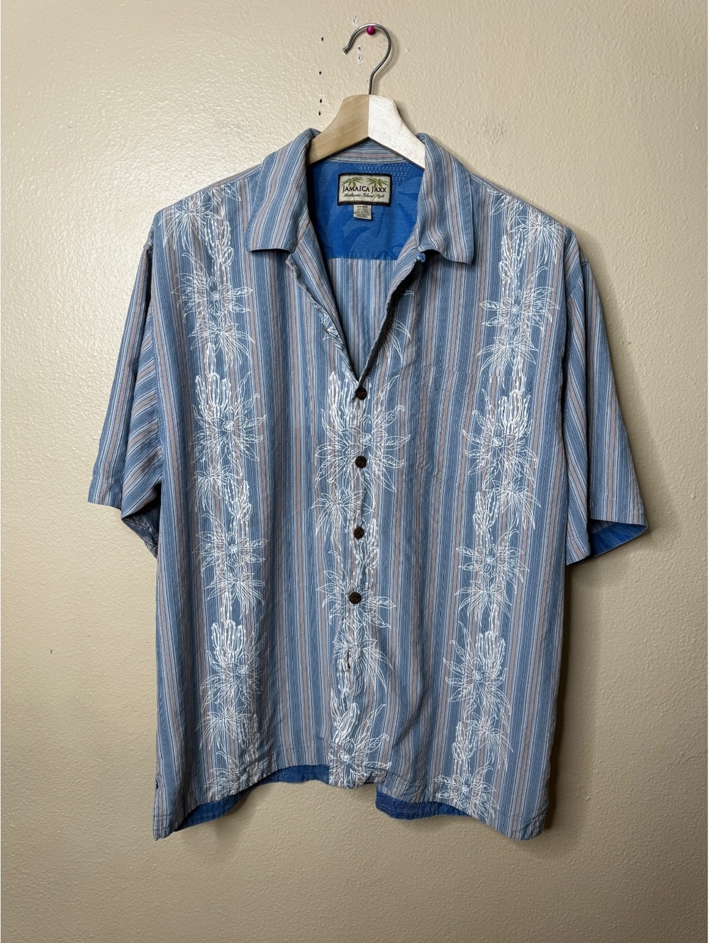 Jamaica Jaxx Men’s XL Blue Striped 100% Silk Hawaiian Camp Shirt Floral Aloha
